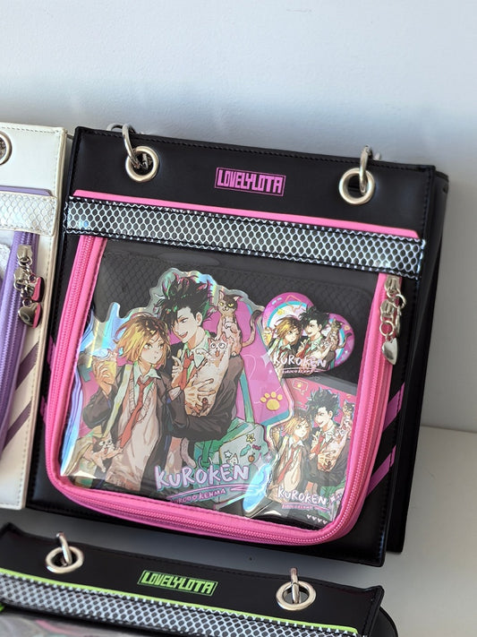 Black & Dark Pink Sweetheart Charm Zipper Ita Shoulder Bag