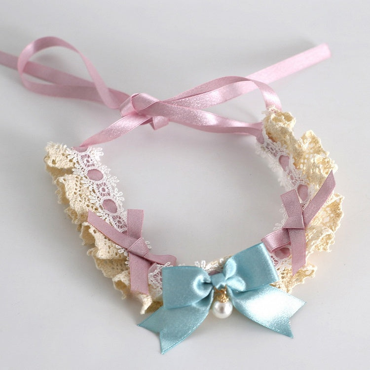 Pink&Blue Sweet Lolita Beaded Pendant Bowknot Details Ruffled Choker
