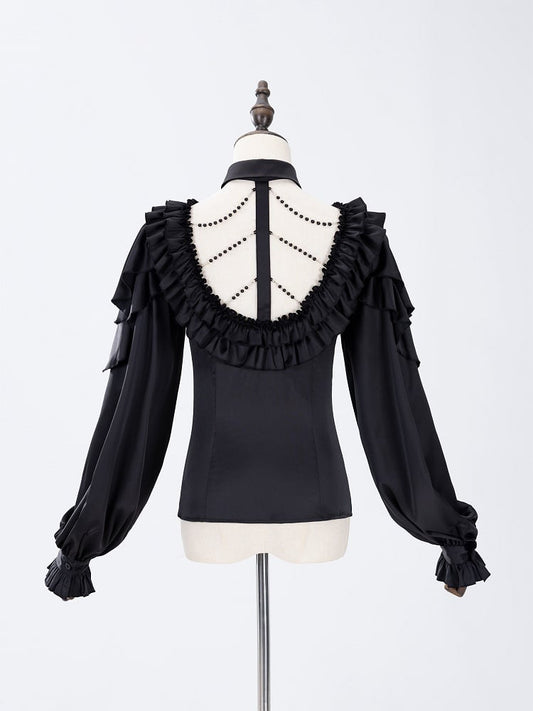 All Black Lace-up Ruffled V-neck Long Sleeves Backless Shirt