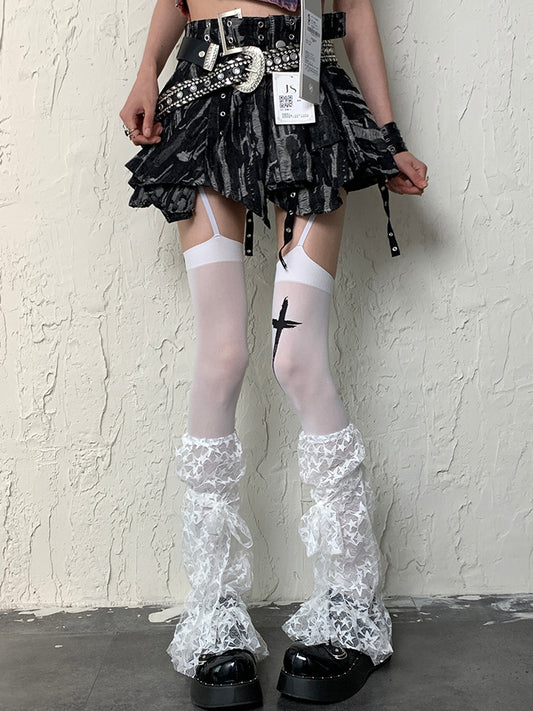White Y2K Bittersweet Star Pattern Self-tie Strap Leg Sleeves