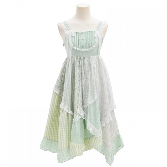 Mori Kei Green Plaid Asymmetrical Patchwork Design Cottagecore Floral Sleeveless Dress