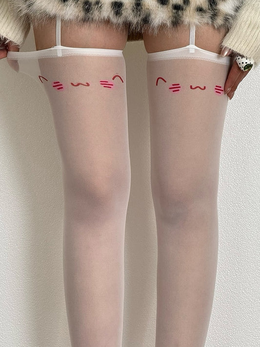 Blue/Pink Sweet Lolita Smile Print Suspender Stockings