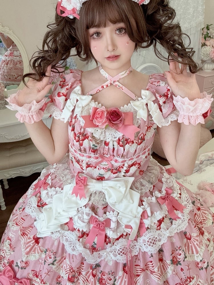 Pink Strawberry Charm Bowknot Wrist Cuffs