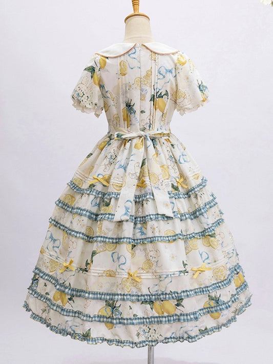 Blue & Yellow Puff Sleeves Tiered Ruffles Country Lolita Dress with Lemon and Rabbit Print