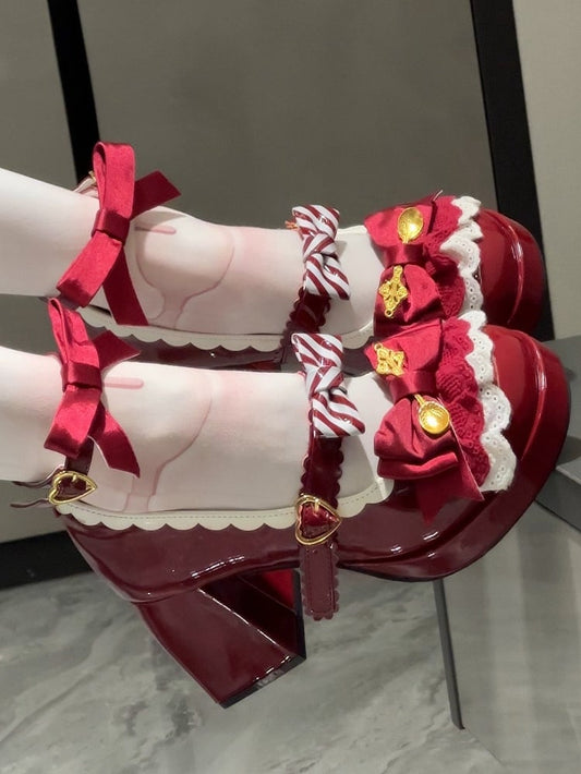 Lace Layers, Bow Accents & Decorative Heart Buckle PU Wine Red 8cm High Heels in Sweet Lolita