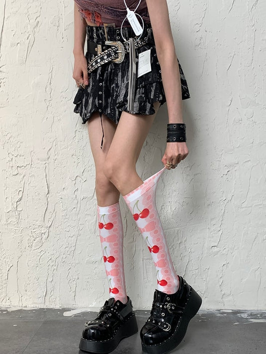 Pink Y2K Cherry And Bowknot Print Underknee Stockings