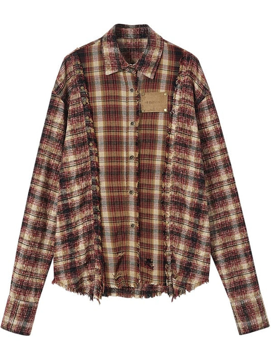 Red and Brown Plaid Punk Faded Wash Shirt Frayed Hem