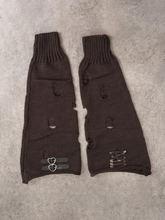 PU Buckles Dark Gray Gothic Distressed Holes Leg Warmers