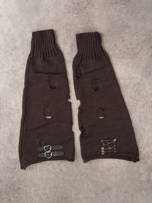PU Buckles Dark Gray Gothic Distressed Holes Leg Warmers