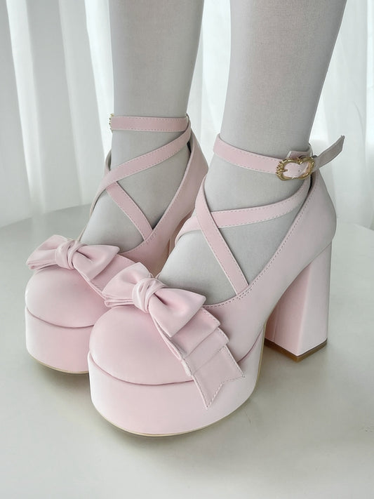 Crisscross Ankle Strap Pink Bow at Top 11cm High Heels