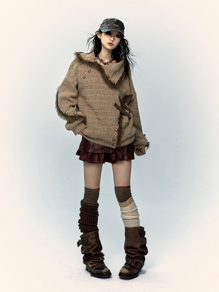 Light Coffee Plush Trim Knitted Sweater with Buckle & Studs Design