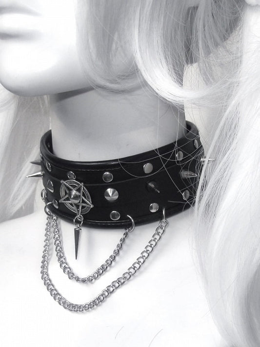 Black Stud Detail Punk PU Choker with Chain