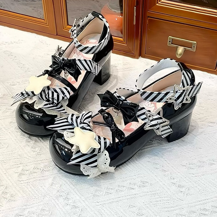 Black Striped Pattern Bowknot Details Star Buckle Straps Lolita Shoes