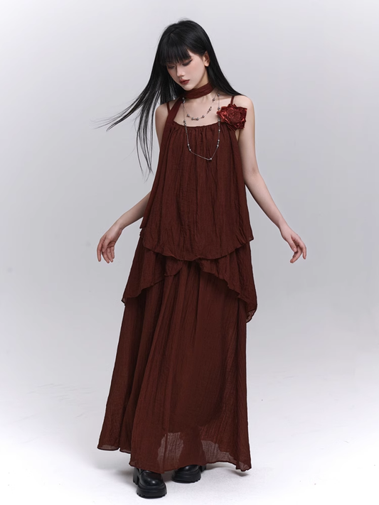 Wine Red Floral Embellished Cami Top with Scarf / Elastic Waist Skirt