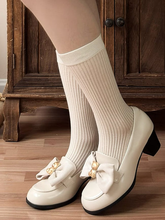 Beige Bear Decorated Bow at Top Loafers