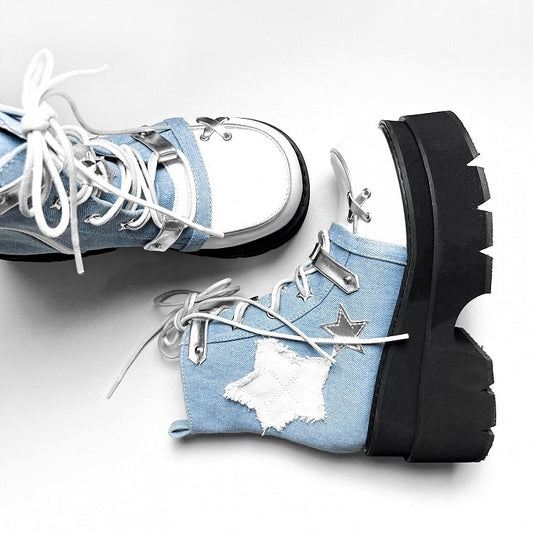 Star Appliques Punk Blue Denim Platform Ankle Boots