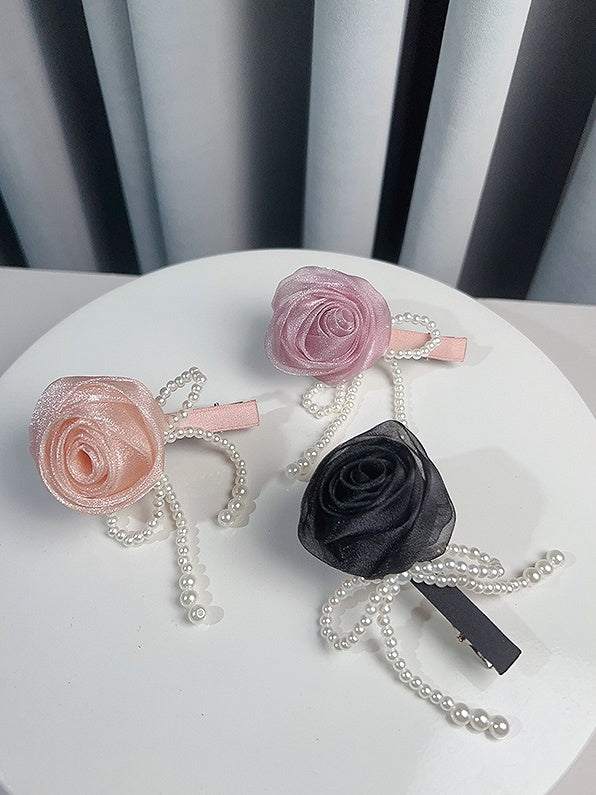 Black/Pink/Purple Beaded Bowknot Decorated Rosette Design Hairclip