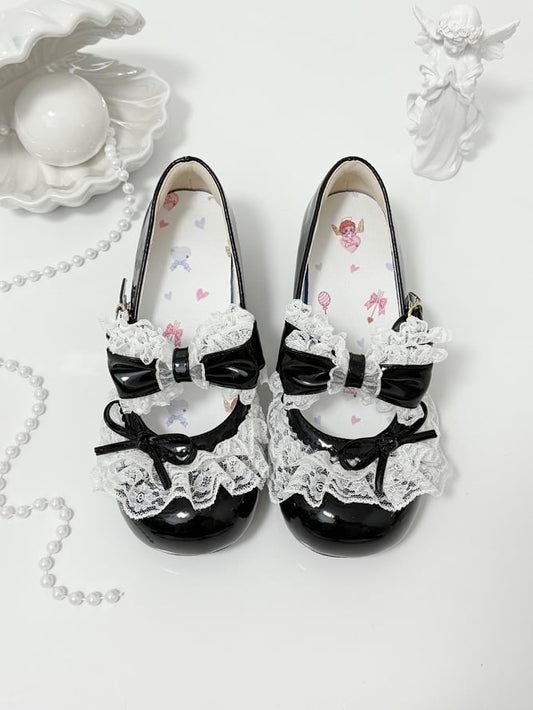 Black Bowknot Details Lace Trim Round Toe Lolita Shoes