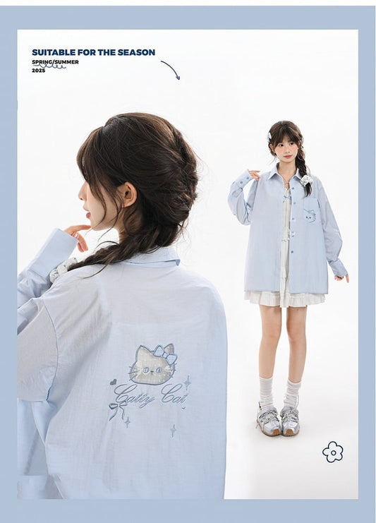 Kitty Embroidery on Pocket Kitty-shaped Cutout Detail Back Blue/Pink Loose Shirt