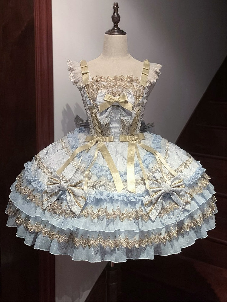 Blue Bead Chain Bows Decorated Tiered Skirt Princess Lolita Dress