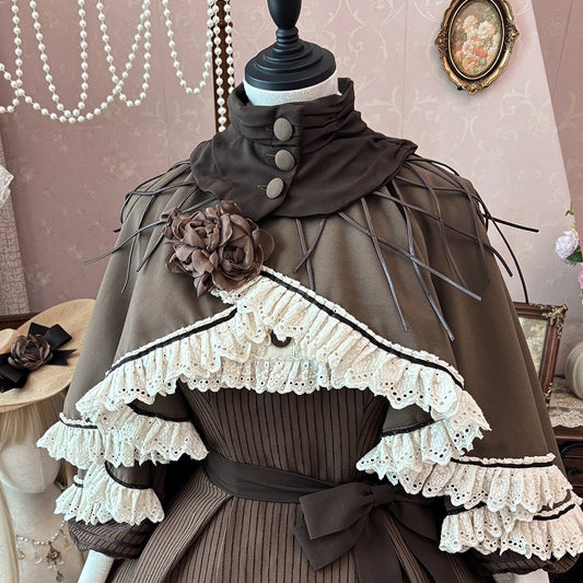 Brown High-low Hem Cape with Beige Scalloped Eyelet Trimming