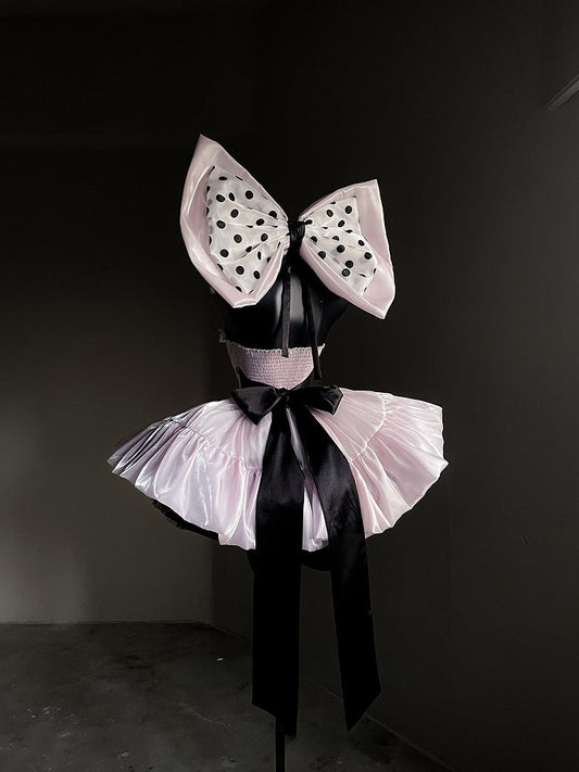 Pink Satin Sweet Lolita Dress with Polka Dot Off-the-Shoulder Detail and Large Bow