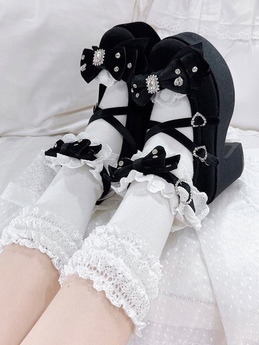 Black Bittersweet Rhinestone Heart Details Cross Charm Ruffles Trim Platform Sneakers