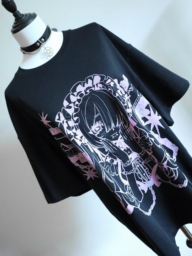 Black&Pink Jirai Kei Cartoon Girl Print Round Neck T-shirt