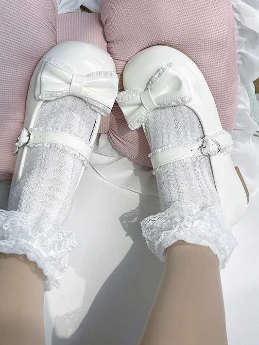 Ruffles Trim, Heart Buckle & Charming Bow Decor White Low-heel Mary Jane Shoes in Sweet Lolita
