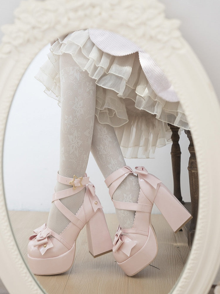 Pink Bow at Top Crisscross Design Sweet Lolita Platform High Block Heels