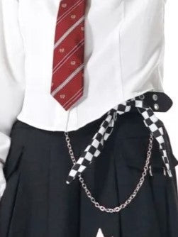 Black Buckle Belt with Checkered Silk Scarf and Chain