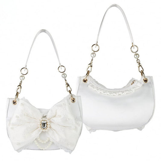 White Shoulder Bag in Sweet Lolita - Satin with Sparkling Beaded Bow