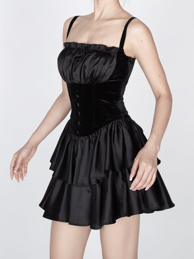 Gothic Black Tiered Skirt Vintage Cami Dress