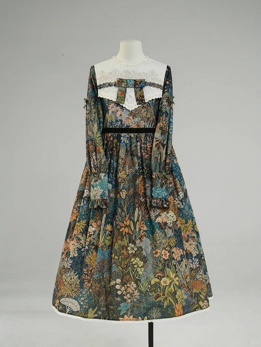 Green & Blue Floral Print Long-Sleeve Elegant Classic Lolita Dress with Waist Belt