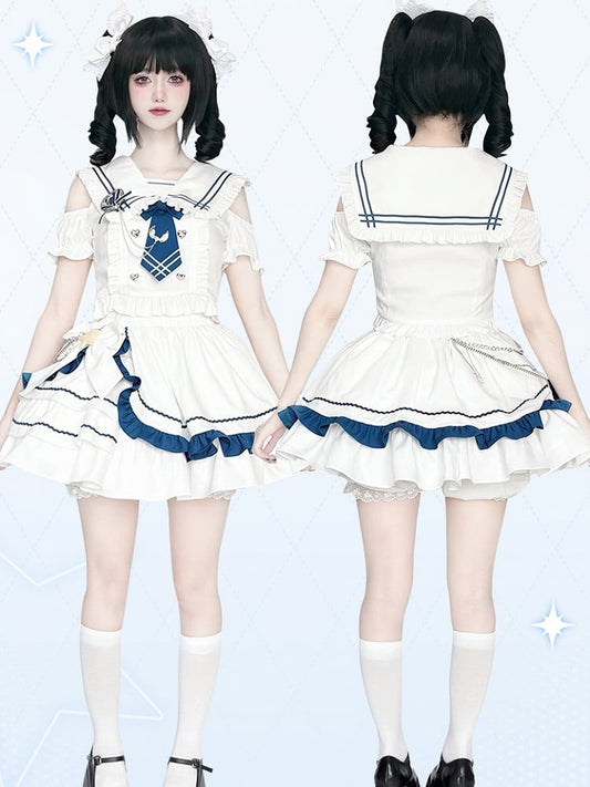 Sailor Collar Cutout Shoulder Top with Tiered Skirt White and Blue Preppy Style Idol Full Set