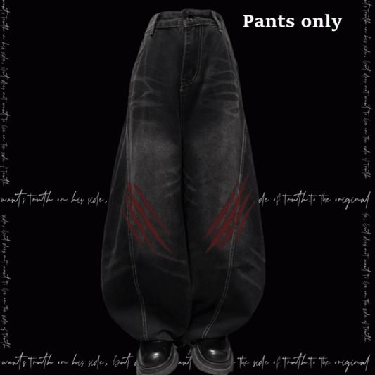 Black Faded Wash Scratch Print Distressed Punk Wide-Leg Jeans