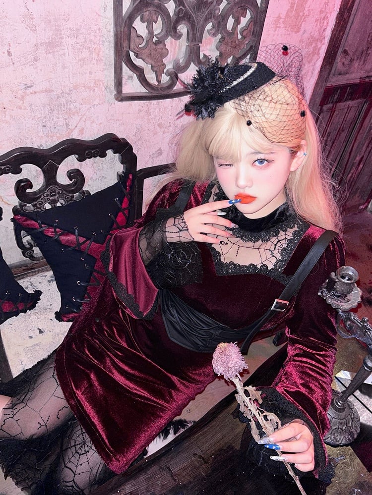 Plus Size Red Illusion Neckline Gothic Velvet Dress