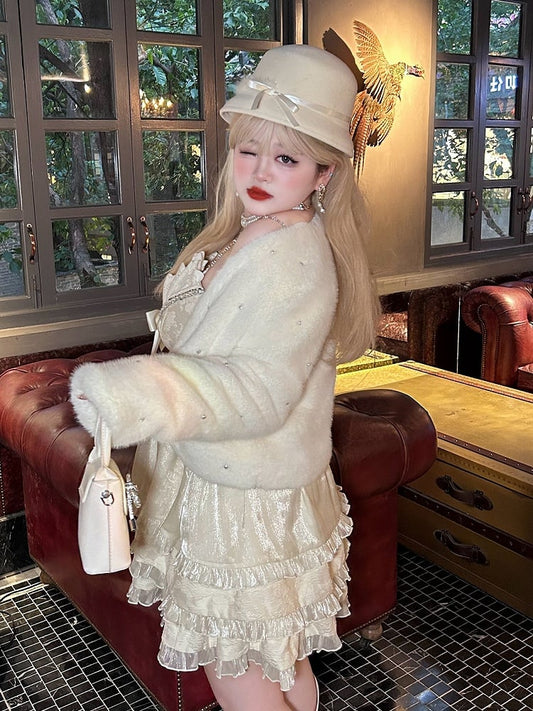 Plus Size Bead Details White Winter Coat