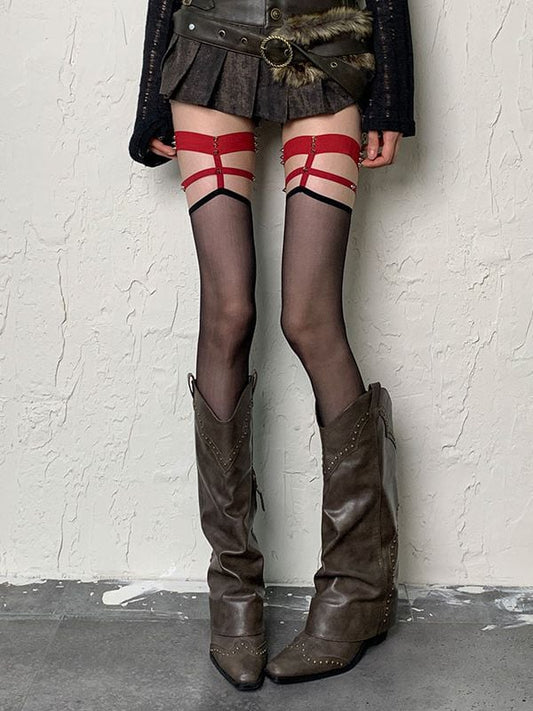 Black/Red Y2K Studs Punk Semi-sheer Overknee Stockings