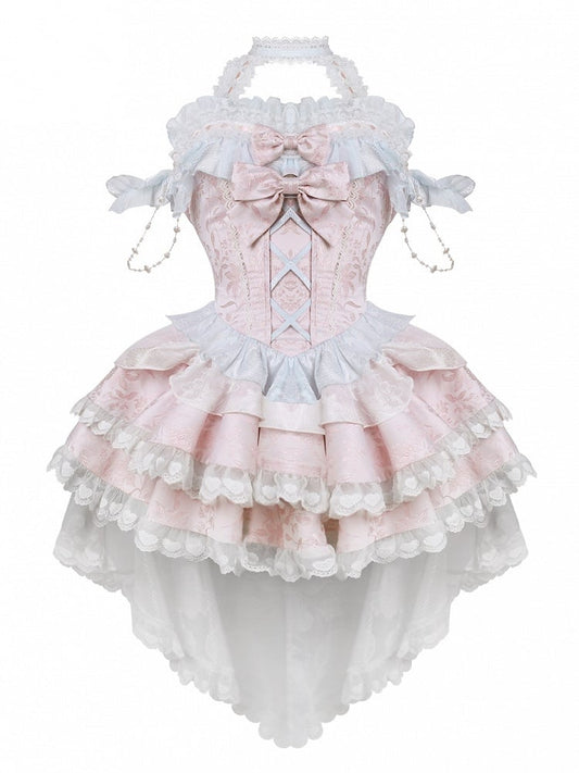 Enchanted Pink Jacquard Dress Tiered Skirt with Beaded Details