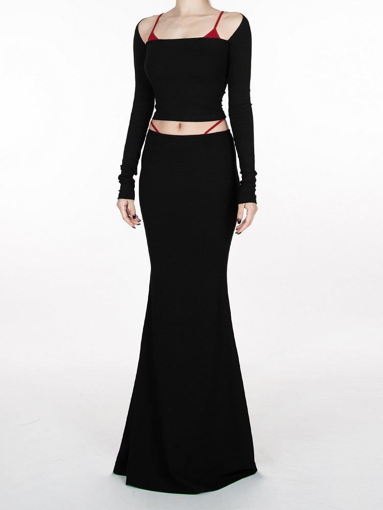 Black Devil Wings Embroidery at Back Glamorous Cropped Top