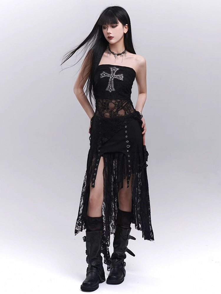 Black Elastic Waist Asymmetrical Hem Side Slit Lace Skirt