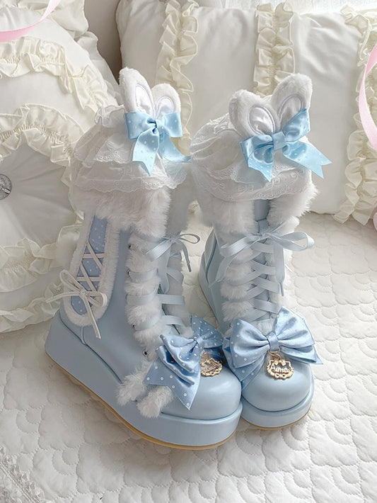 Bunny-Themed Sweet Blue Winter Boots for Lolita with Bow at Top & Lace-up Closure