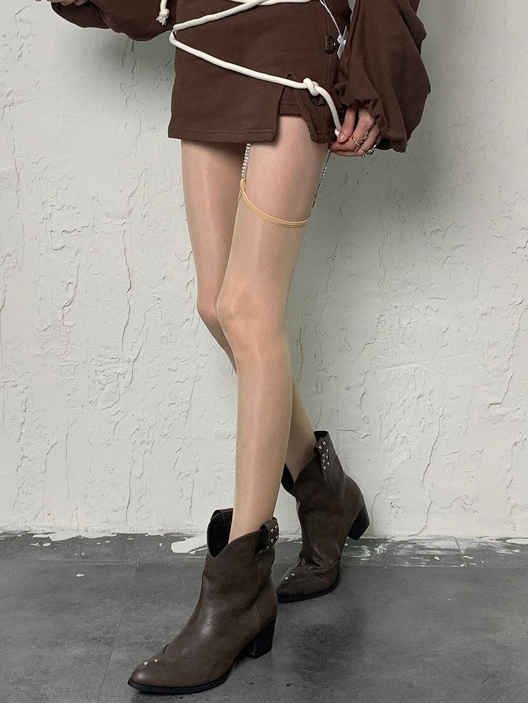 White/Gray/Black/Nude Y2K Suspender Tights With Leg Chain