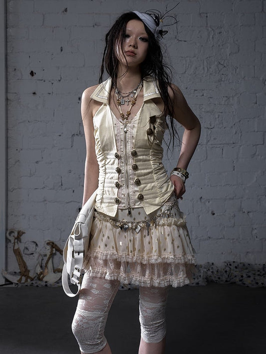 Vintage Gold-tone Buttons Navycore Black/Beige Zip-up Backless Halter Top