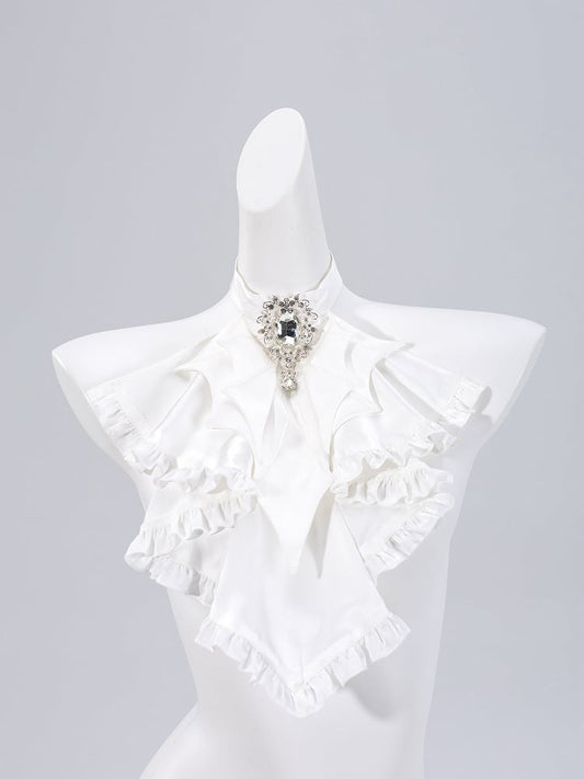 White Gothic Bat Wings Elegant Cascading Ruffle Trim Jabot Tie
