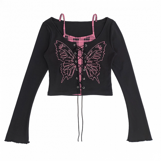 Y2K Lace-up Front Butterfly Print Black and Pink Plaid Top Faux Two-pieces