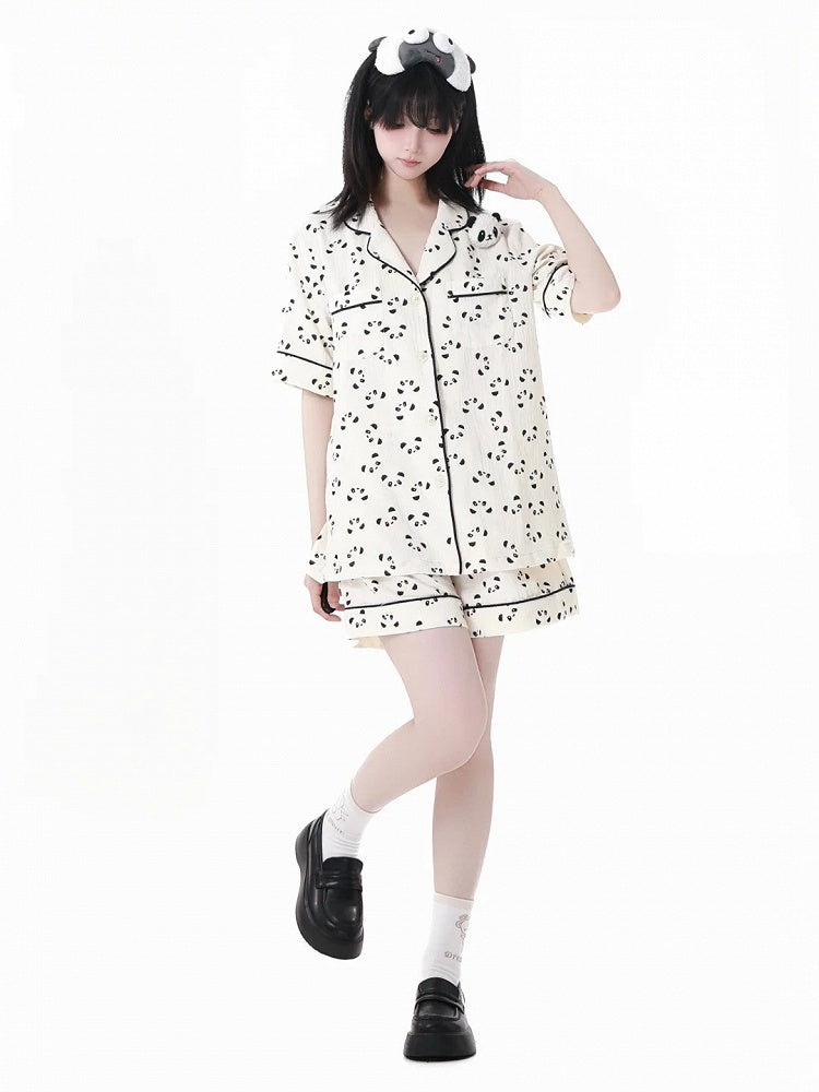 Beige Scalloped Edge Collar Allover Panda Print Shirt + Elastic Waist Shorts Pajamas Set