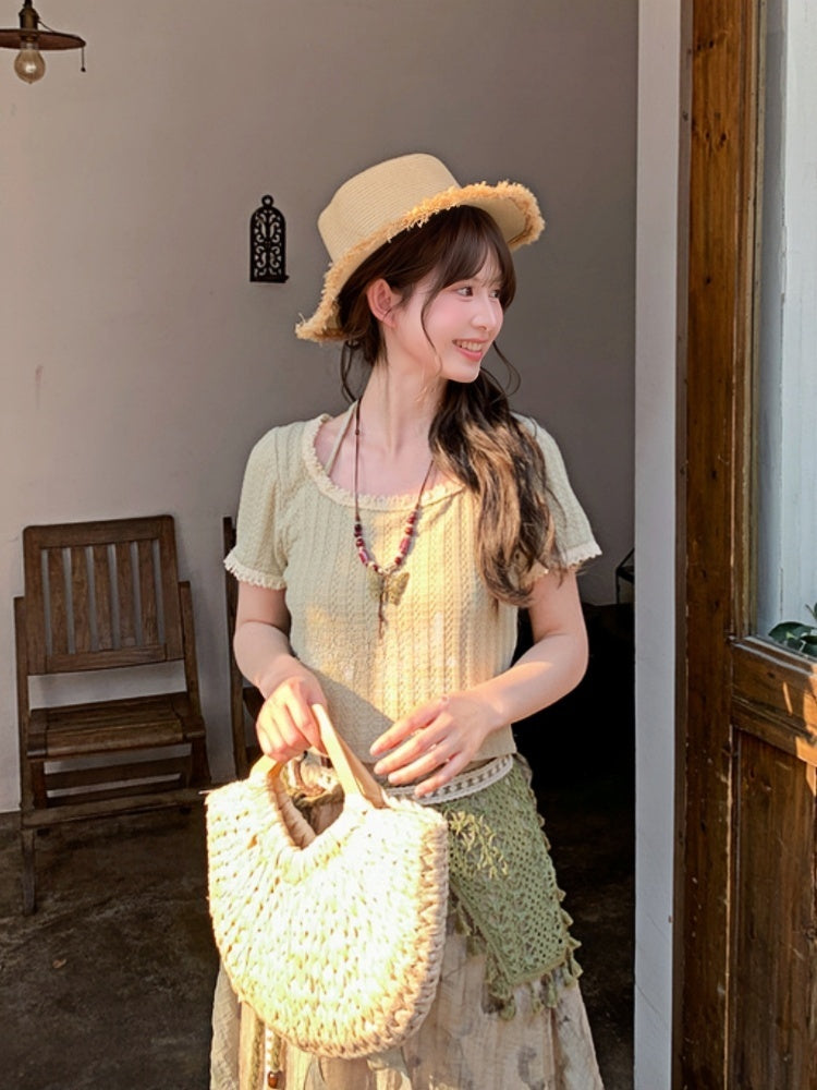 Mori Kei Light Green Round Neck Halter Neck Lace Trim T-Shirt