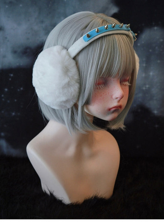White & Blue Handmade Heart Ring Studded Plush Earmuffs
